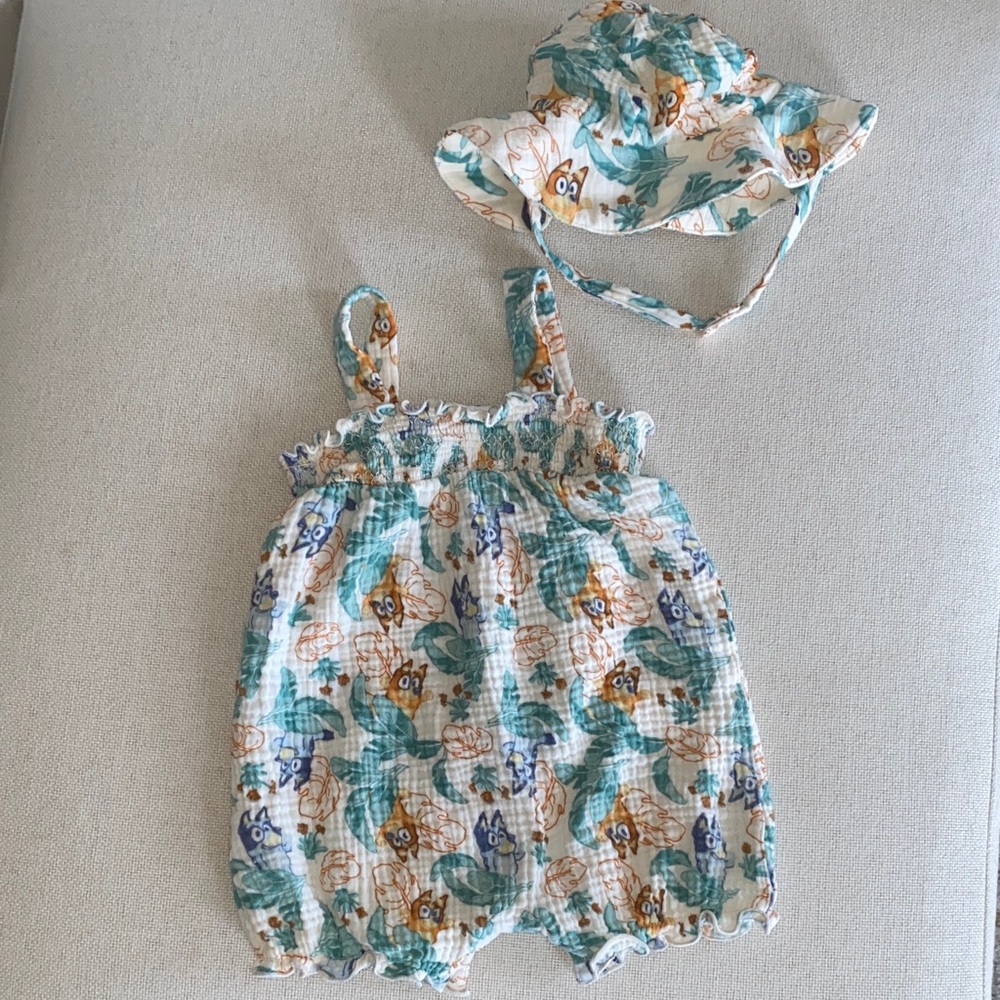 Bluey Summer Baby Romper with Sun Hat - Teal & Cream 18 Months